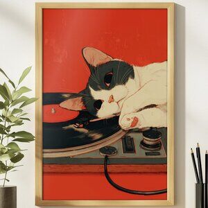 Japanese Wall Art, Retro Cat Poster, Cute Cat Poster, Gift for Music Lovers
